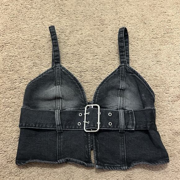 Bershka Denim Black Wash Buckle Top Size Small Y2K - Picture 1 of 7